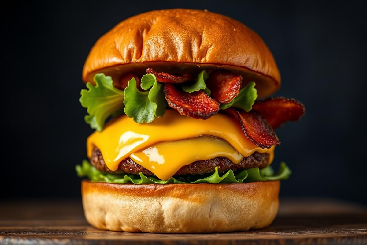 Frisch zubereiteter Burger mit Käse, Salat und knusprigem Bacon