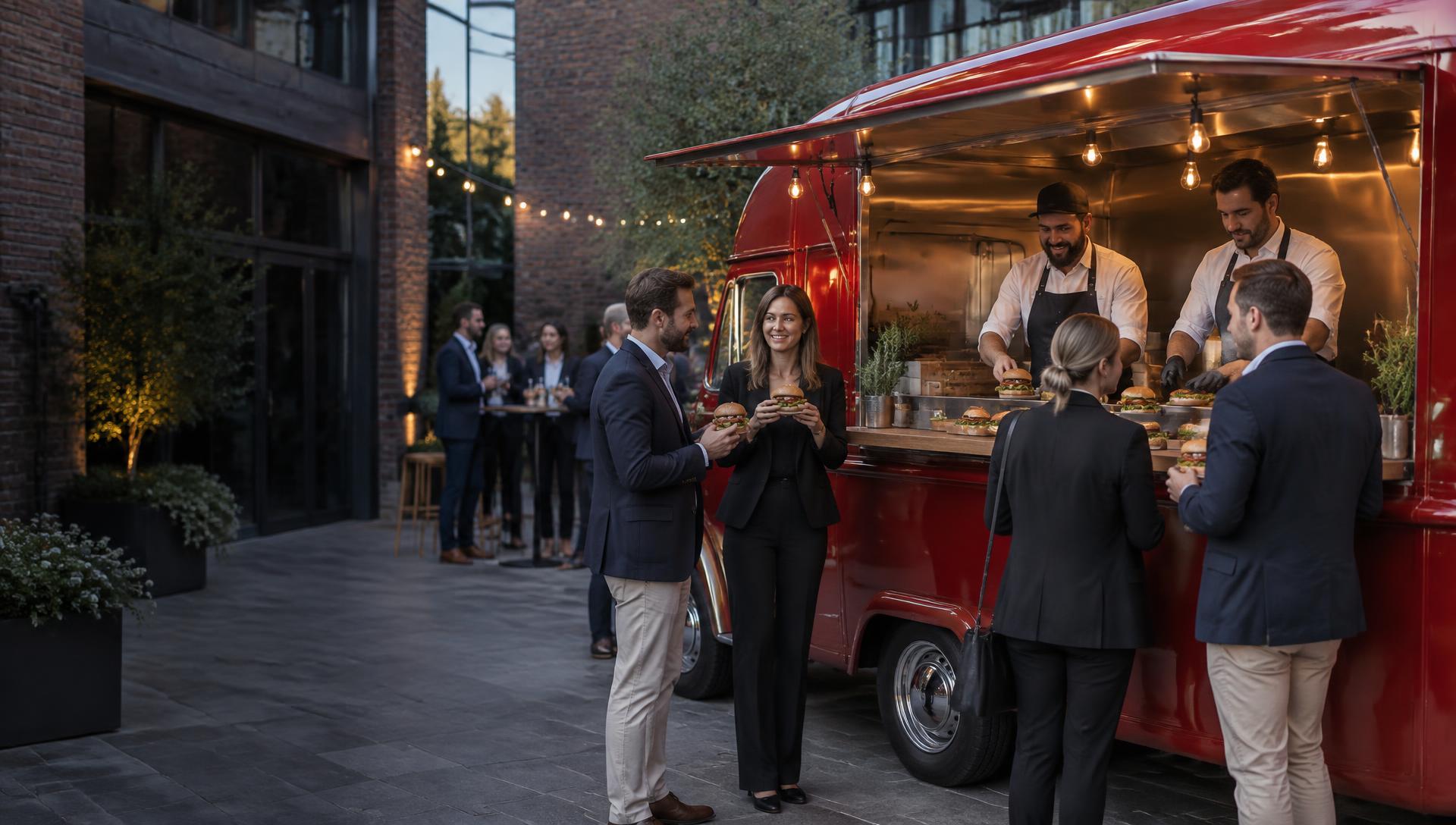 Professionelles Burger Catering mit rotem Foodtruck bei einem Event
